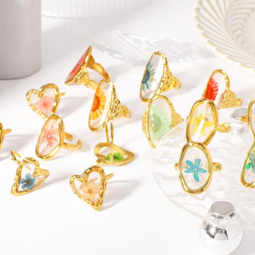 Bague en acier inoxydable, Acier inoxydable 304, avec Autocollant époxyde & Fleurs séchées, Placage de couleur d'or, bijoux de mode, plus de couleurs à choisir, Vendu par PC