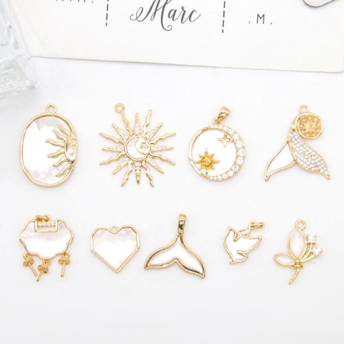 Brass Shell Pendants, with White Shell, gold color plated, DIY & with rhinestone 