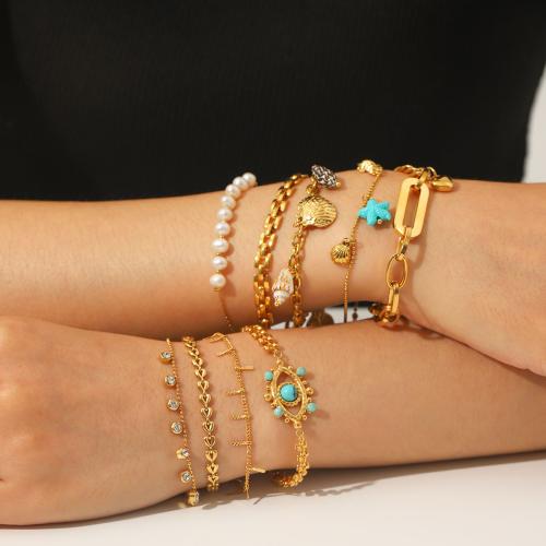 Bracelets en acier inoxydable, Acier inoxydable 304, avec Pierre naturelle & coquille & perle de plastique, Placage de couleur d'or, bijoux de mode & pavé de micro zircon, plus de couleurs à choisir, Vendu par PC