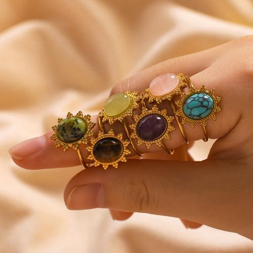 Gemstone Stainless Steel Finger Ring, 304 Stainless Steel, with Natural Stone, gold color plated, fashion jewelry 