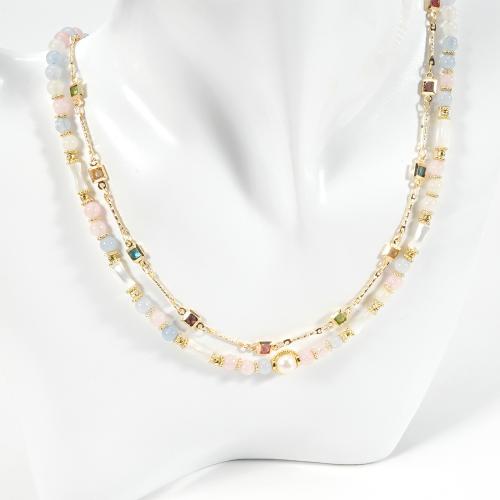 Драгоценный камень Ожерелья, Латунь, с Полудрагоценный камень & Ракушка & Пресноводные жемчуги, плакирован золотом, Двойной слой & ювелирные изделия моды & инкрустированное микро кубического циркония, Много цветов для выбора, продается PC