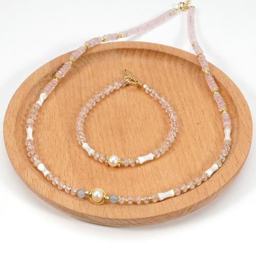 Ensembles-cadeaux bijoux, laiton, Bracelet & collier, avec coquille & perle d'eau douce cultivée & quartz rose, Placage de couleur d'or, bijoux de mode, plus de couleurs à choisir, Vendu par PC