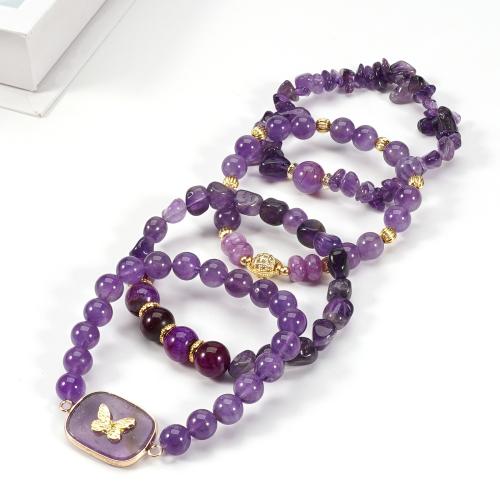 Quarz Armbänder, Messing, mit Amethyst, goldfarben plattiert, Modeschmuck, keine, 4PCs/setzen, verkauft von setzen