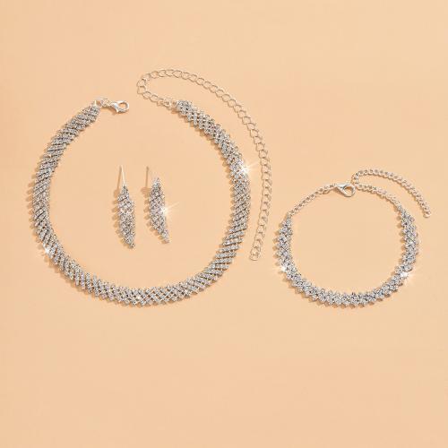 Strass Zink Legierung Schmuck Set, Fingerring & Armband & Halskette, goldfarben plattiert, Modeschmuck, Silberfarbe, 170x120x10mm, 3PCs/setzen, verkauft von setzen