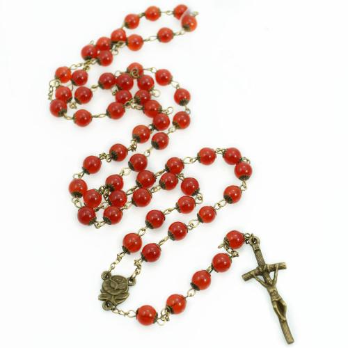 Rosary Necklace, alliage de zinc, avec cristal, croix, Placage de couleur d'or, bijoux de mode, couleurs mélangées cm, Vendu par PC