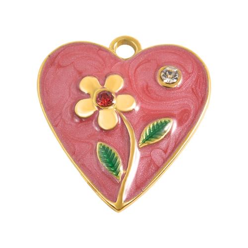 Enamel Stainless Steel Pendant, 304 Stainless Steel, Heart, gold color plated, DIY & with rhinestone, mixed colors 