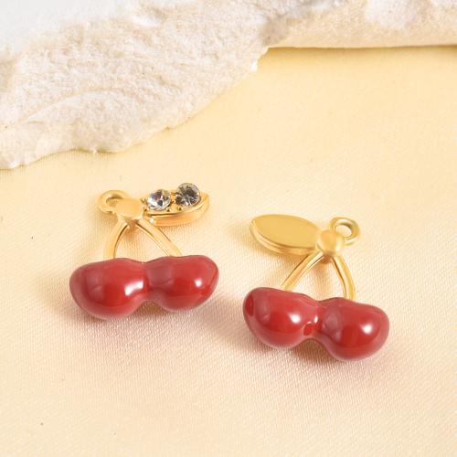 Enamel Stainless Steel Pendant, 304 Stainless Steel, Cherry, gold color plated, DIY & with rhinestone, mixed colors 