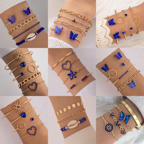 Zinc Alloy Bracelet Set, bangle & bracelet, with Resin, with 5.5cm extender chain, gold color plated, Unisex & with rhinestone, blue 