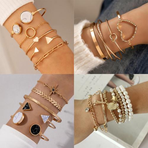 Zinc Alloy Bracelet Set, with Resin & Plastic Pearl, gold color plated & for woman & with rhinestone 