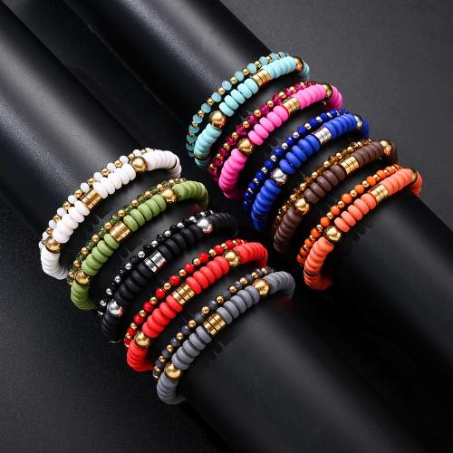 ポリマー粘土のブレスレット, ポリマークレイ, とともに クリスタル & ステンレス, 真空めっき, 2個 & 弾性 & ユニセックス & マット, 無色, 4mm,7mm, 長さ:約 17.5 センチ, 約 18.2 センチ, 2ストランド/セット, 売り手 セット