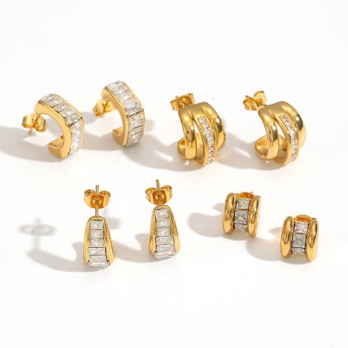 clou d'oreille en acier inoxydable avec stras, Acier inoxydable 304, Placage, bijoux de mode & pavé de micro zircon & avec strass, plus de couleurs à choisir, Vendu par paire