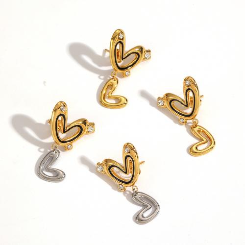 Boucle d'oreille goutte inox, Acier inoxydable 304, coeur, Placage, bijoux de mode & émail & avec strass, plus de couleurs à choisir, Vendu par paire