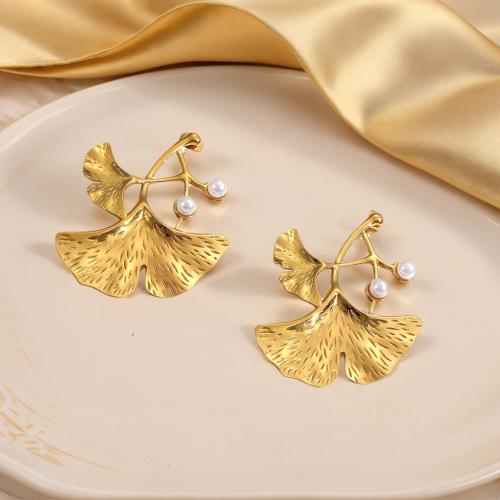 Boucle en acier inoxydable, Acier inoxydable 304, avec perle de plastique, feuille, Placage de couleur d'or, bijoux de mode, doré, Vendu par paire