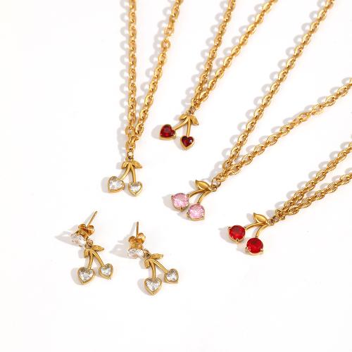 Bijoux strass en acier inoxydable Set, Acier inoxydable 304, Boucle d’oreille stud & collier, cerise, Placage, bijoux de mode & pavé de micro zircon & avec strass, plus de couleurs à choisir, Vendu par PC