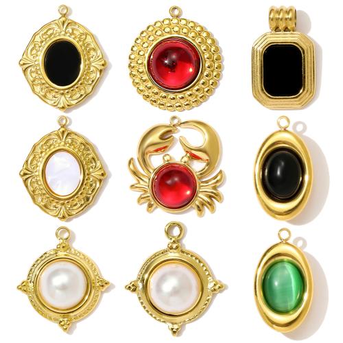 Кулоны из нержавеющей стали, Нержавеющая сталь 304, с ABS пластик жемчужина & кошачий глаз, плакирован золотом, DIY, Много цветов для выбора, 3ПК/сумка, продается сумка