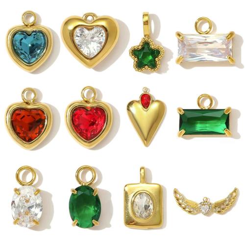 Pendentifs en acier inoxydable zircons cubiques, Acier inoxydable 304, avec Pierre de verre, Placage de couleur d'or, DIY & pavé de micro zircon, plus de couleurs à choisir Vendu par sac