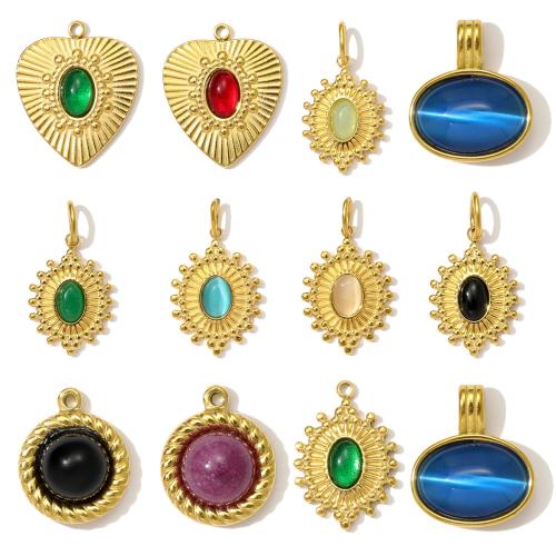 Gemstone ювелирные изделия Кулон, Нержавеющая сталь 304, с Природный камень & кошачий глаз & канифоль, плакирован золотом, DIY, Много цветов для выбора, 3ПК/сумка, продается сумка