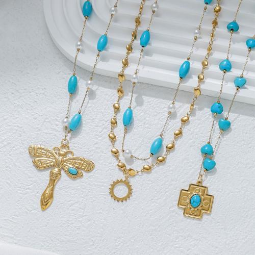 Ожерелье из нержавеющей стали ювелирные изделия, Нержавеющая сталь 304, с Синтетическая бирюза & Пластиковая жемчужина, плакирован золотом, ювелирные изделия моды, Много цветов для выбора, продается Strand