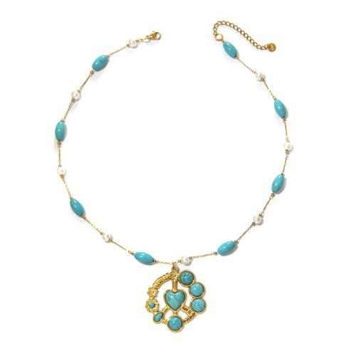 Ожерелье из нержавеющей стали ювелирные изделия, Нержавеющая сталь 304, с Синтетическая бирюза & Пластиковая жемчужина, плакирован золотом, ювелирные изделия моды, Много цветов для выбора, продается Strand