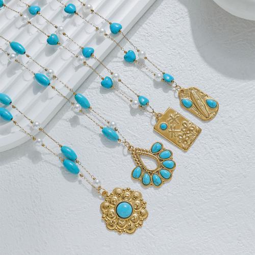 Ожерелье из нержавеющей стали ювелирные изделия, Нержавеющая сталь 304, с Синтетическая бирюза & Пластиковая жемчужина, плакирован золотом, ювелирные изделия моды, Много цветов для выбора, продается Strand