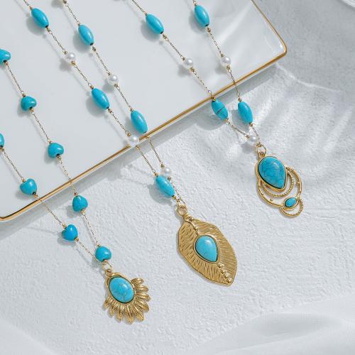 Ожерелье из нержавеющей стали ювелирные изделия, Нержавеющая сталь 304, с Синтетическая бирюза & Пластиковая жемчужина, плакирован золотом, ювелирные изделия моды, Много цветов для выбора, продается Strand