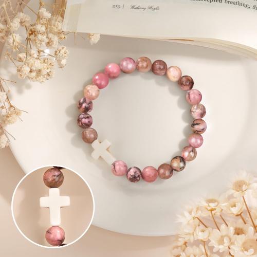 Rhodochrosite Bracelet, Cross, elastic & for woman, beads size 8mm Approx 7-8 Inch 