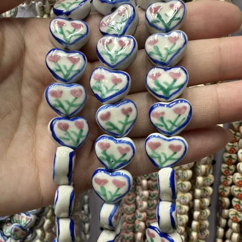 Abalorios de Porcelana Pintados a Mano, Corazón, dibujo de la mano, Bricolaje, más colores para la opción, 10x12mm, 20PCs/Bolsa, Vendido por Bolsa