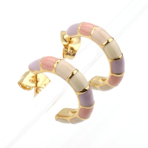 304 Stainless Steel Stud Earring, gold color plated, for woman & enamel 