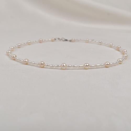 Sterling Silver Pearl Necklace, 925 Sterling Silver, with Freshwater Pearl, Rice, fashion jewelry, white, 3-4mm cm 