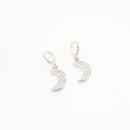 Rhinestone Brass Pendants, Moon, plated, DIY & with rhinestone, silver color 