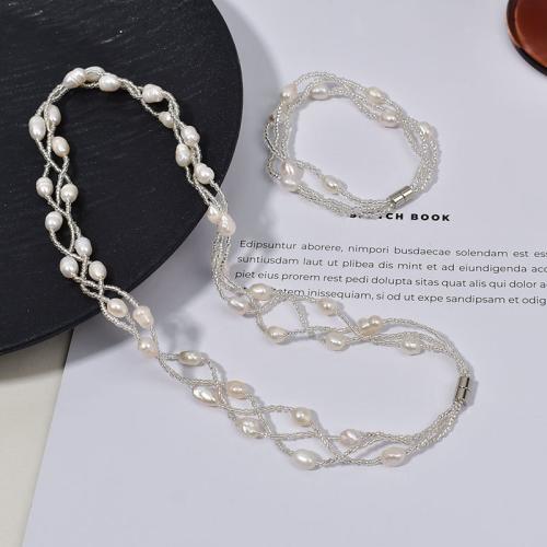 Brass Freshwater Pearl Jewelry Sets, bracelet & necklace, with Seedbead & Brass, irregular, fashion jewelry & multilayer 5-6mm 