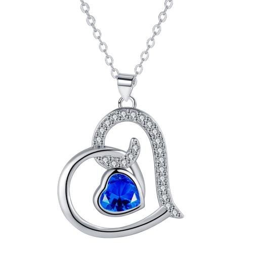 Cubic Zircon Micro Pave Brass Necklace, with 5cm extender chain, Heart, platinum color plated, oval chain & micro pave cubic zirconia & for woman, blue Approx 45 cm 