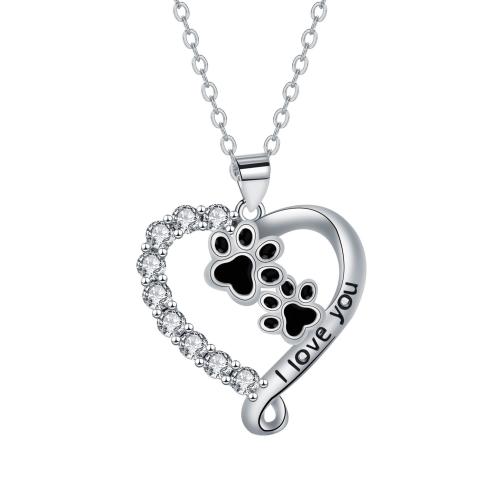 Cubic Zircon Micro Pave Brass Necklace, with stainless steel chain, with 5cm extender chain, Heart, platinum color plated, oval chain & micro pave cubic zirconia & for woman & enamel, black Approx 45 cm 