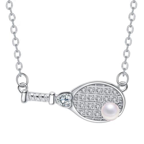 Zirkonia Mikro pflastern Messinghalsketten, Messing, mit Kunststoff Perlen, mit Verlängerungskettchen von 5cm, Federball Schläger, Platinfarbe platiniert, Oval-Kette & Micro pave Zirkonia & für Frau, 23.7x9mm, Länge:ca. 45 cm, verkauft von Strang