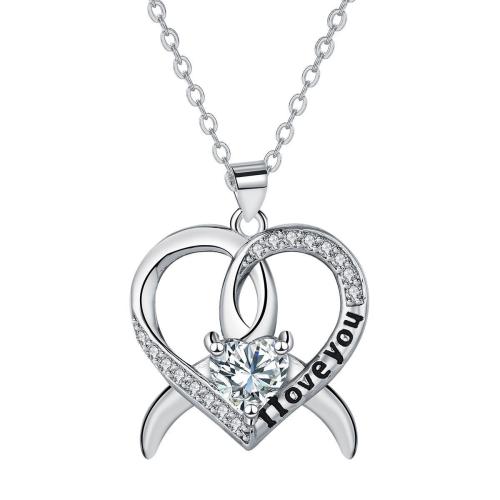 Cubic Zircon Micro Pave Brass Necklace, with 5cm extender chain, Heart, platinum color plated, oval chain & micro pave cubic zirconia & for woman Approx 45 cm 