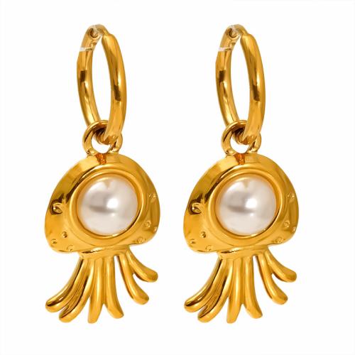 304 Stainless Steel Huggie Hoop Drop Earring, with Plastic Pearl, gold color plated & for woman 