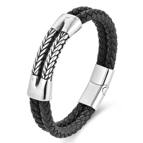 PU Leather Cord Bracelets, with 316L Stainless Steel, Double Layer & for man, black Approx 21 cm 