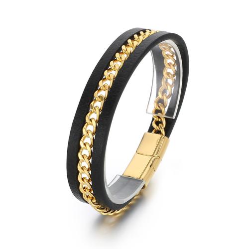 304 Stainless Steel Bracelet, with Microfiber PU, plated, three layers & for man 