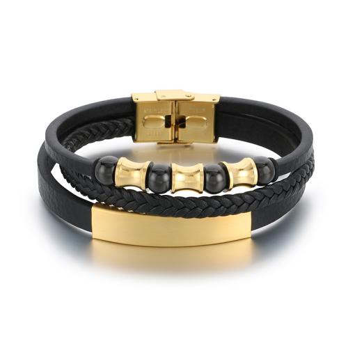 304 Stainless Steel Bracelet, with PU Leather, plated, multilayer & for man 