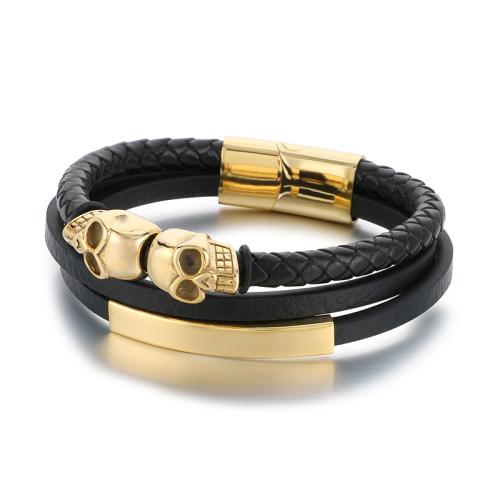 304 Stainless Steel Bracelet, with PU Leather, Skull, plated, multilayer & for man 