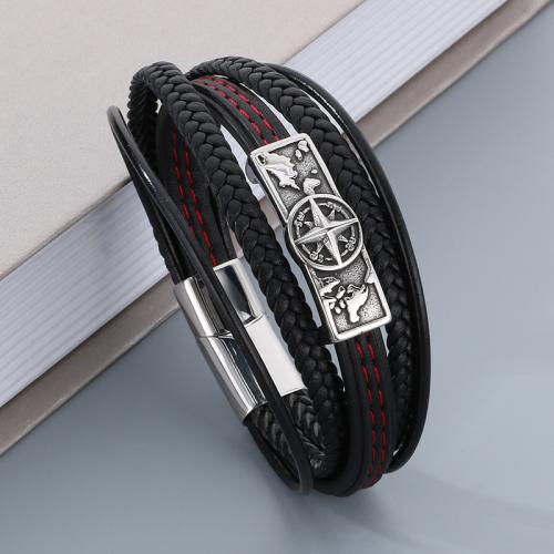 304 Stainless Steel Bracelet, with PU Leather, Compass, plated, multilayer & for man 