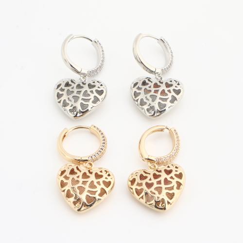 laiton Boucles d'oreilles pendantes Hoop Huggie, coeur, Placage, pour femme & avec strass & creux, plus de couleurs à choisir Vendu par sac
