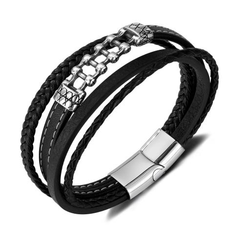 PU Leather Bracelet, with cowhide cord & 316L Stainless Steel, polished, multilayer & for man Approx 21 cm 
