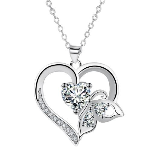 Cubic Zircon Micro Pave Brass Necklace, with 5cm extender chain, Heart, silver color plated, oval chain & micro pave cubic zirconia & for woman Approx 45 cm 