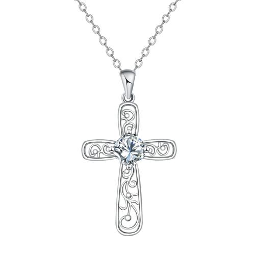 Cubic Zircon Micro Pave Brass Necklace, with stainless steel chain, with 5cm extender chain, Cross, silver color plated, oval chain & for woman & with cubic zirconia Approx 45 cm 