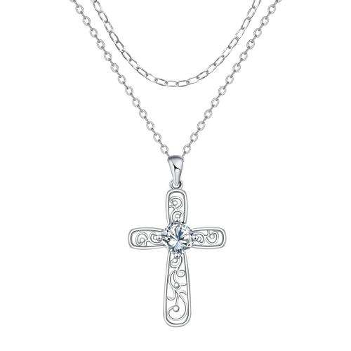Cubic Zircon Micro Pave Brass Necklace, with stainless steel chain, with 5cm extender chain, Cross, silver color plated, Double Layer & oval chain & for woman & with cubic zirconia Approx 45 cm 