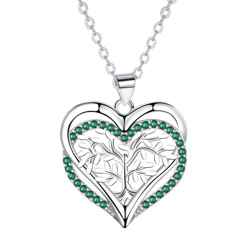 Cúbicos circón Collar de latón Micro pavimenta, metal, con 5cm extender cadena, Corazón, chapado en color de plata, cadena oval & micro arcilla de zirconia cúbica & para mujer, verde, 22x22mm, longitud:aproximado 45 cm, Vendido por Sarta