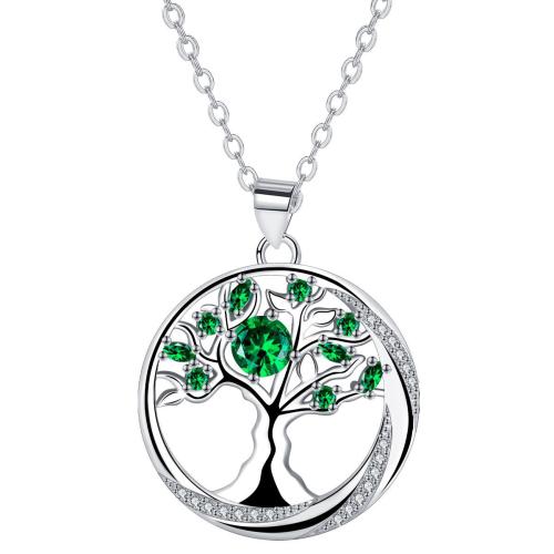 Cúbicos circón Collar de latón Micro pavimenta, metal, con 5cm extender cadena, Árbol de la vida, chapado en color de platina, cadena oval & micro arcilla de zirconia cúbica & para mujer, verde, 23x23mm, longitud:aproximado 45 cm, Vendido por Sarta