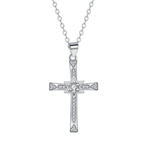 Cubic Zircon Micro Pave Brass Necklace, with stainless steel chain, with 5cm extender chain, Cross, platinum color plated, oval chain & micro pave cubic zirconia & for woman Approx 45 cm 