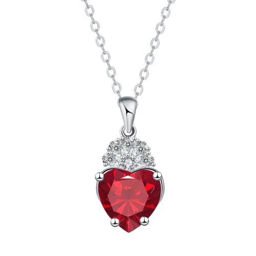 Cubic Zircon Micro Pave Brass Necklace, with stainless steel chain, with 5cm extender chain, Heart, platinum color plated, oval chain & micro pave cubic zirconia & for woman, red Approx 45 cm 